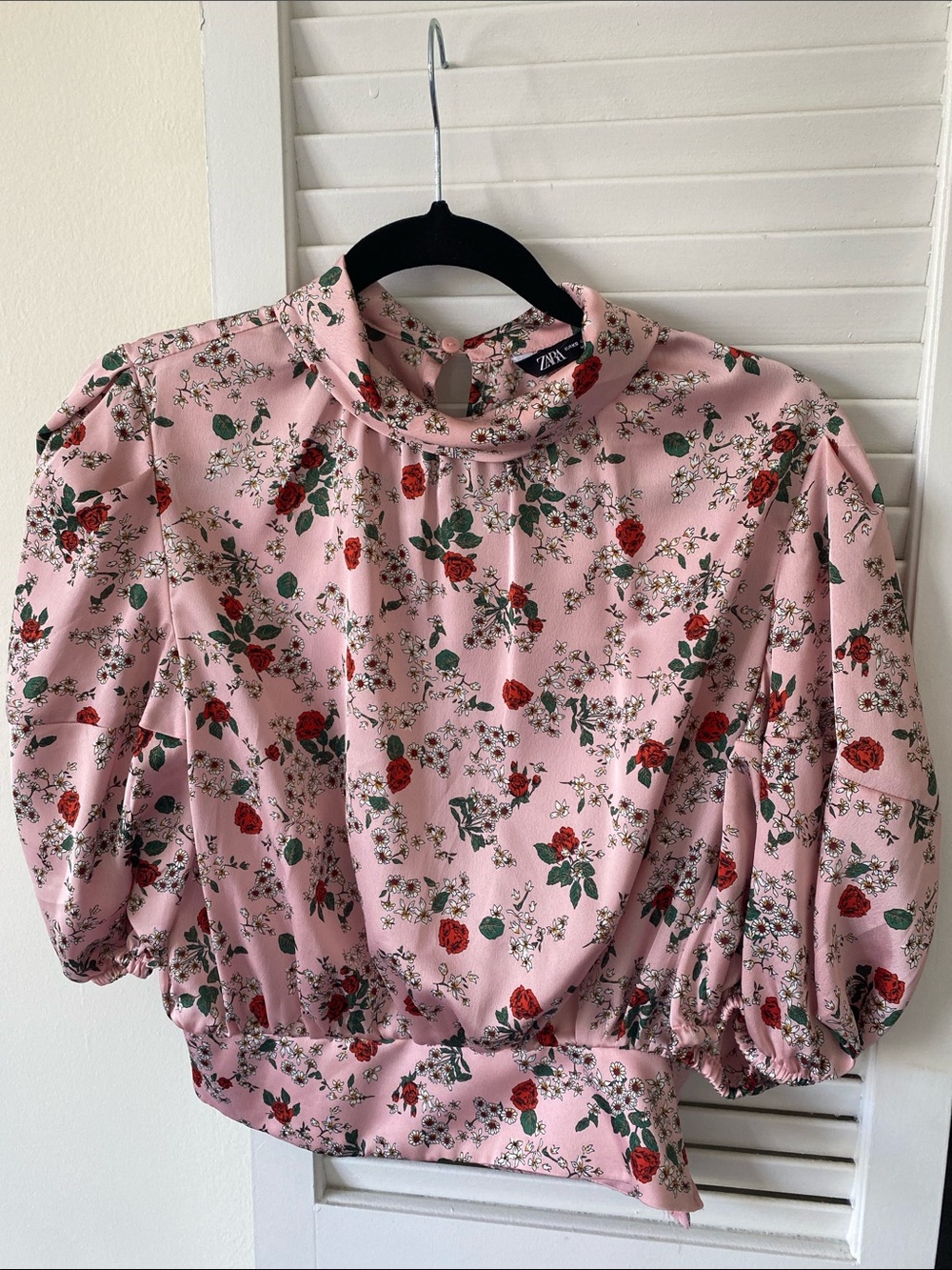 Zara Pink Floral High-Neck Puff Sleeve Top
